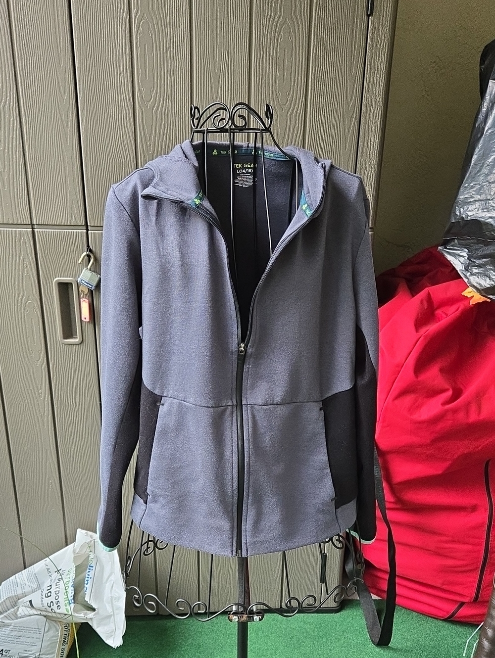 tek gear Women's Gray Full-Zip Hooded Bomber Jacket with Black Panels